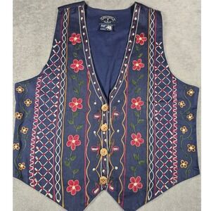 Solutions Original Vintage Navy Floral Embroidered Cotton Vest Boho Cottagecore